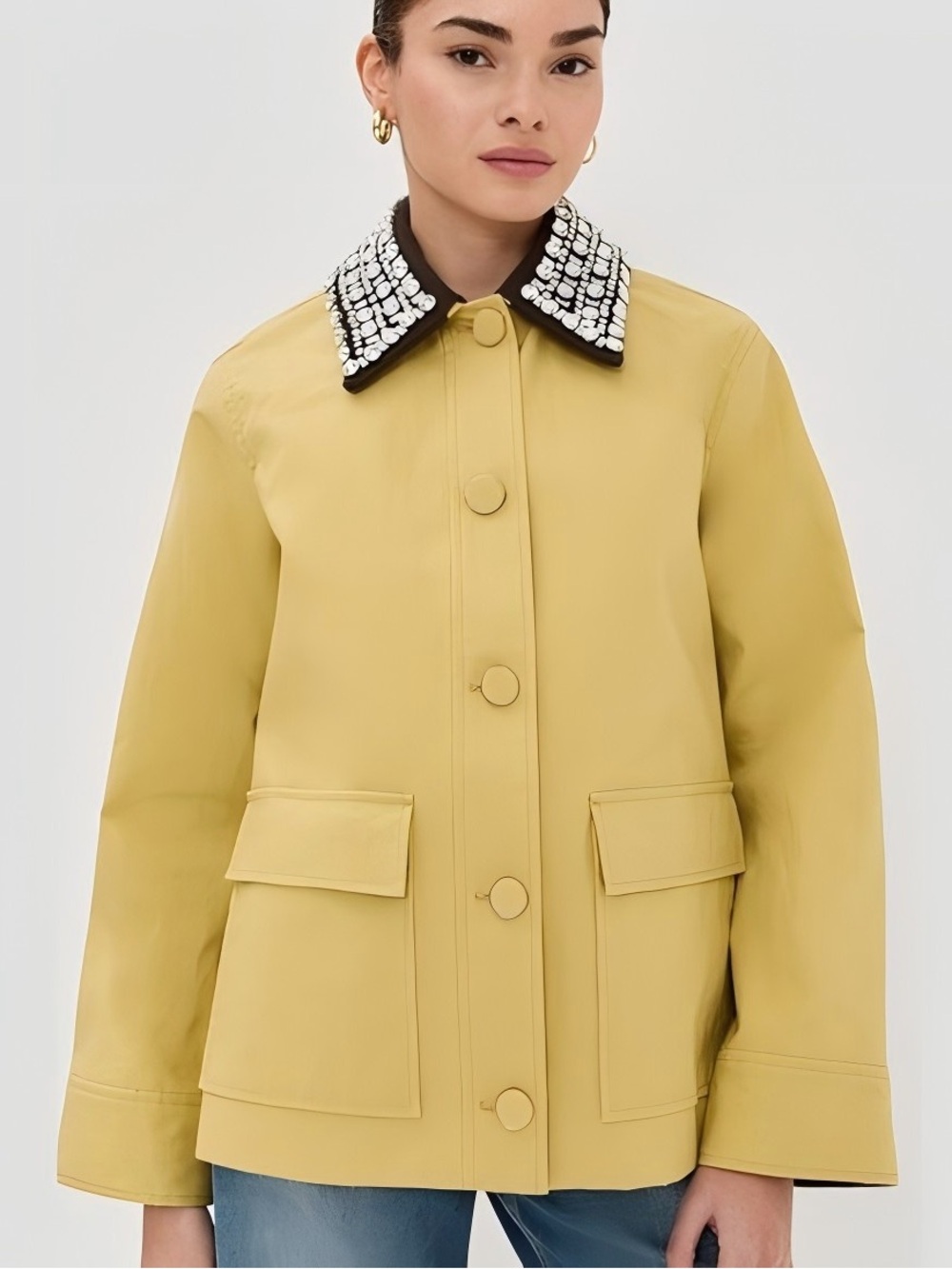 Veronica Beard Pale Yellow Utility Jacket with Black & White Embellished Collar